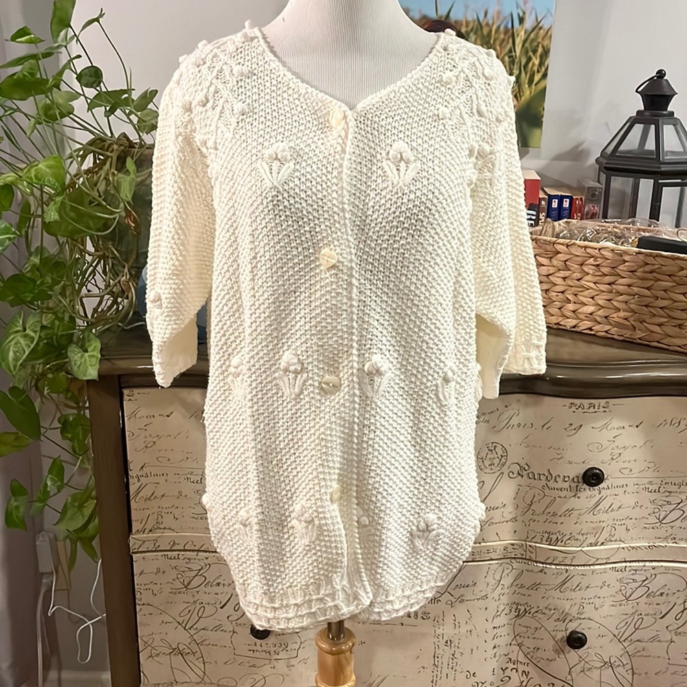 VINTAGE MARISA CHRISTINA HAND KNITTED OVERSIZED CARDIGAN IVORY WHITE SIZE MP - Picture 7 of 14